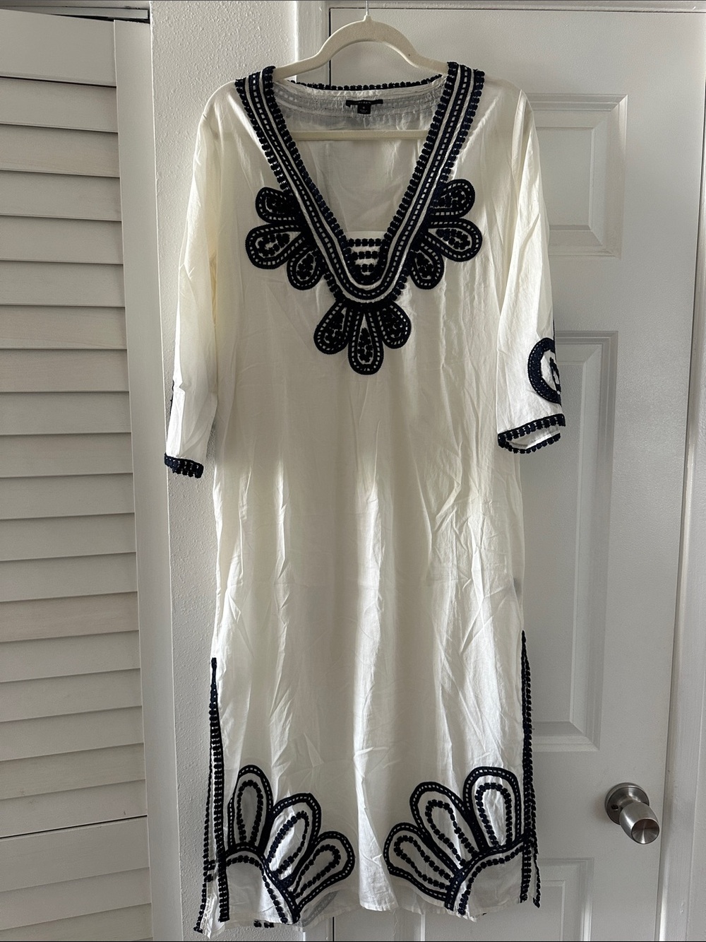 J. Crew White Midi Tunic Dress with Navy Embroidered Detail